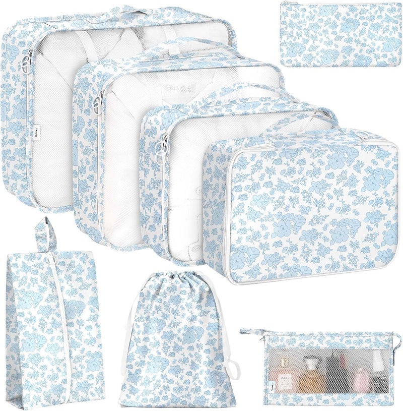 KPX 8 Set Packing Cubes for Travel, Luggage Packing Organizers Accessories Large Toiletries Bag for Clothes Shoes Cosmetics (Blue Flower) - Image 1